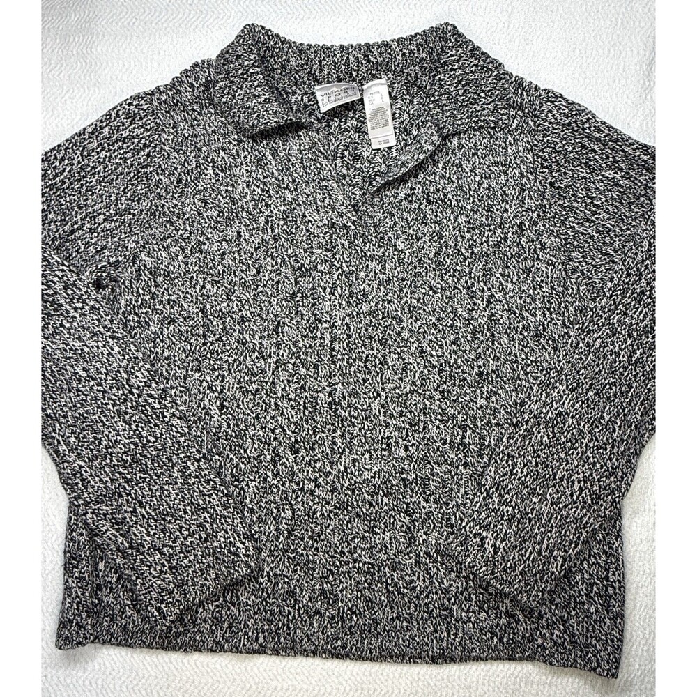 Villager Sport Collared Knit Pullover Sweater Black White Marled Cotton PL